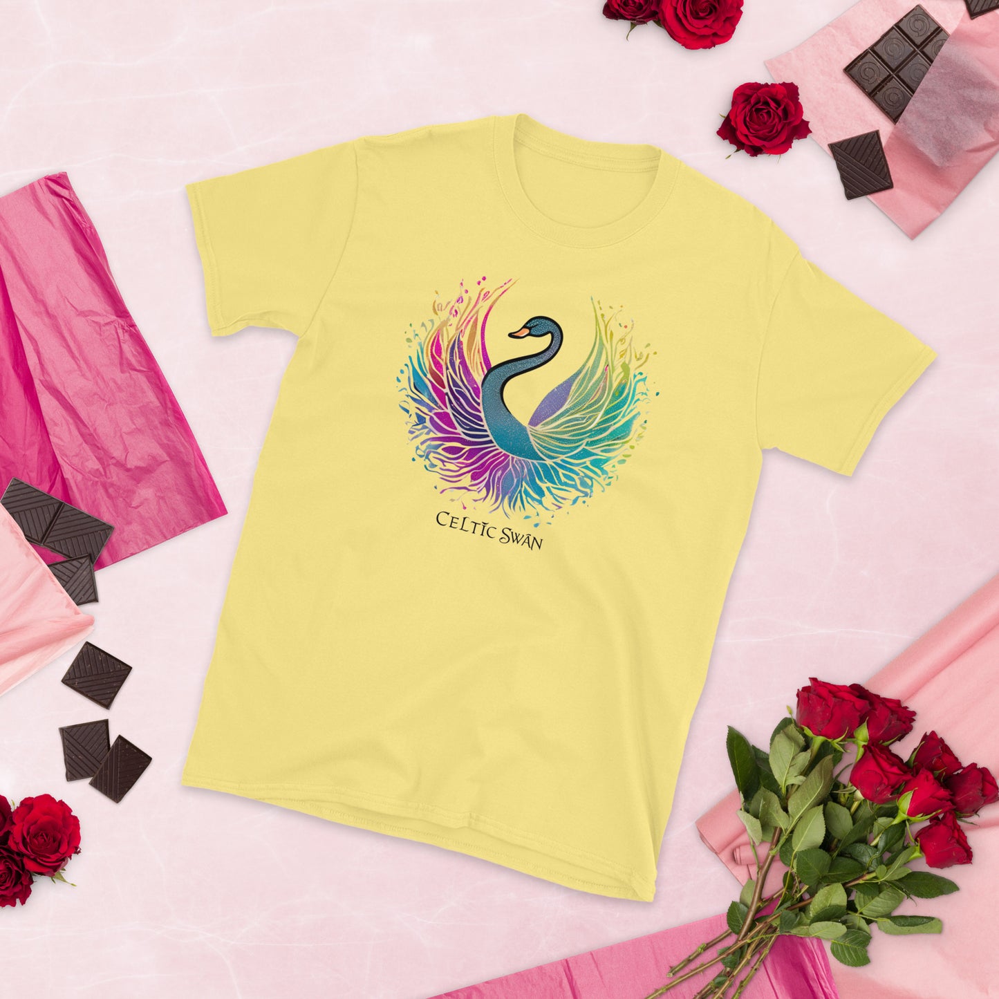 Unisex graphic T-shirt with swan illustration and flowing ornamental line art