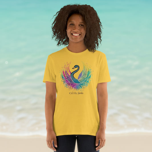 Celtic Swan “Ocean Light” T-Shirt – radiant swan design on yellow shirt, inspired by the sea, soft ocean light background