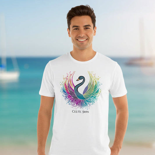 Unisex graphic T-shirt with swan illustration and flowing ornamental line art
