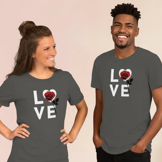 Unisex graphic T-shirt with LOVE typography and rose illustration