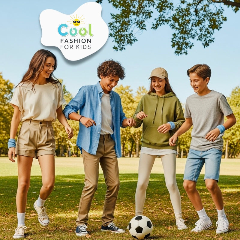 Fröhliche Kinder spielen Fußball im Park – Symbolbild für die Cool Fashion For Kids Kollektion