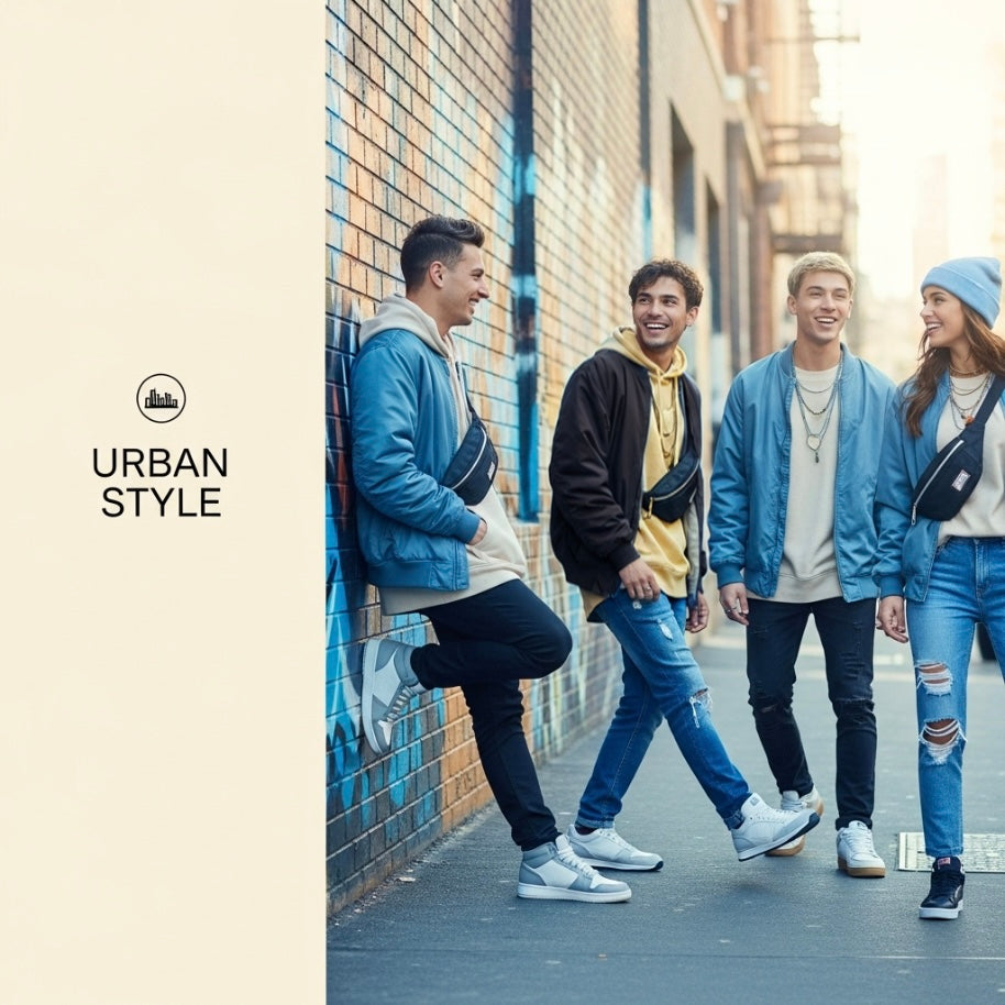 Vier Jugendliche in lässigem Jeans-Look vor Graffiti-Wand als Symbolbild für die "Urban Style" Linie von top and trendy.