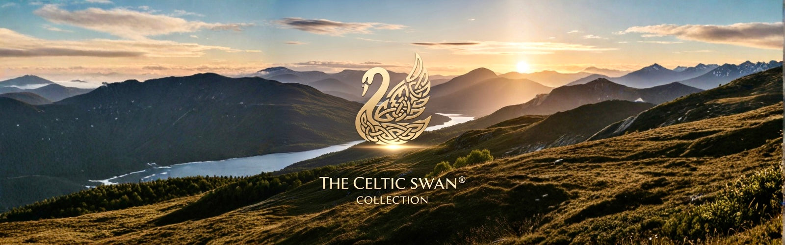Celtic Swan Collection banner featuring a swan symbol over a scenic mountain landscape inspired by nature and Celtic aesthetics