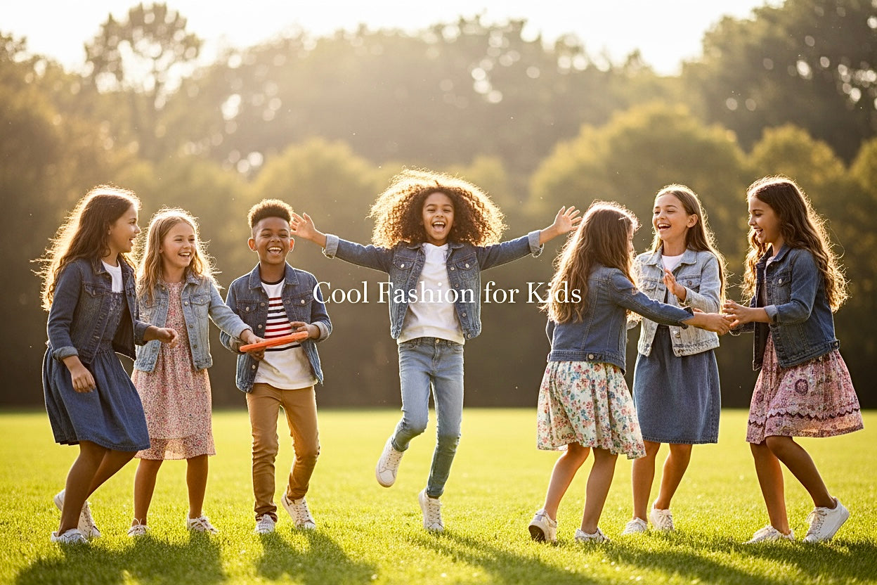 Cool Fashion for Kids collection banner showing happy children playing outdoors in casual everyday outfits
