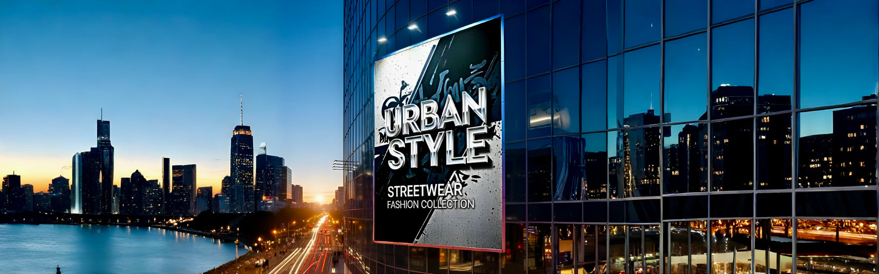 Urban Style streetwear collection banner with modern city skyline and illuminated urban fashion panel