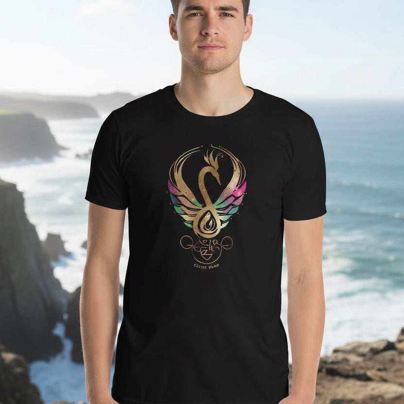 Man wearing black shirt with Mystic Glow swan emblem from the Celtic Swan Collection.