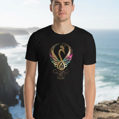 Man wearing black shirt with Mystic Glow swan emblem from the Celtic Swan Collection.