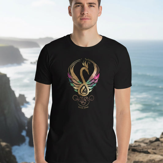Man wearing black shirt with Mystic Glow swan emblem from the Celtic Swan Collection.