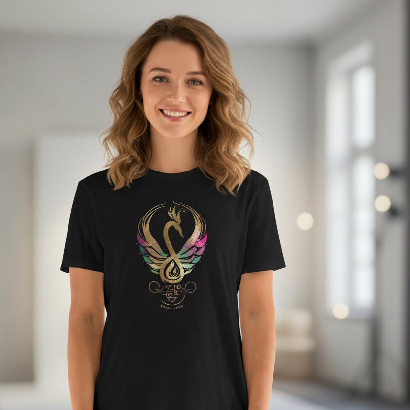 Women wearing black shirt with Mystic Glow swan emblem from the Celtic Swan Collection.