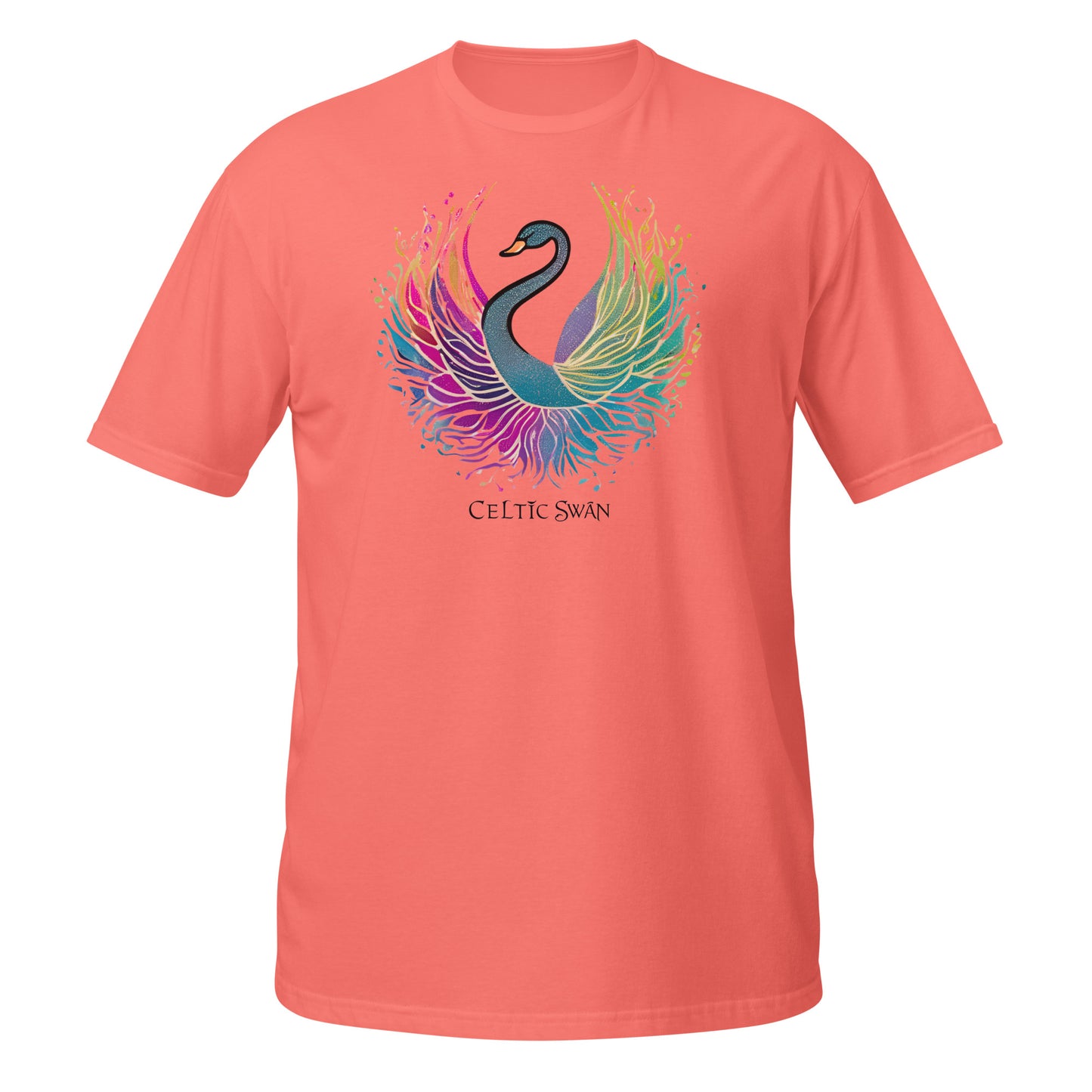 Celtic Swan “Ocean Light” T-Shirt – radiant swan design on coral silk shirt, sea glow and colorful wings