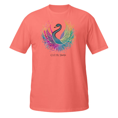 Celtic Swan “Ocean Light” T-Shirt – radiant swan design on coral silk shirt, sea glow and colorful wings