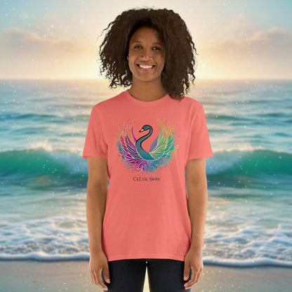 Celtic Swan “Ocean Light” T-Shirt – radiant swan design on coral silk shirt, sea glow and colorful wings
