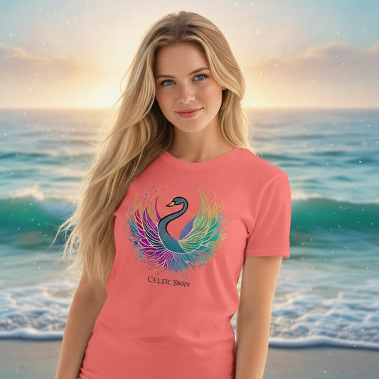 Unisex graphic T-shirt with swan illustration and flowing ornamental line art