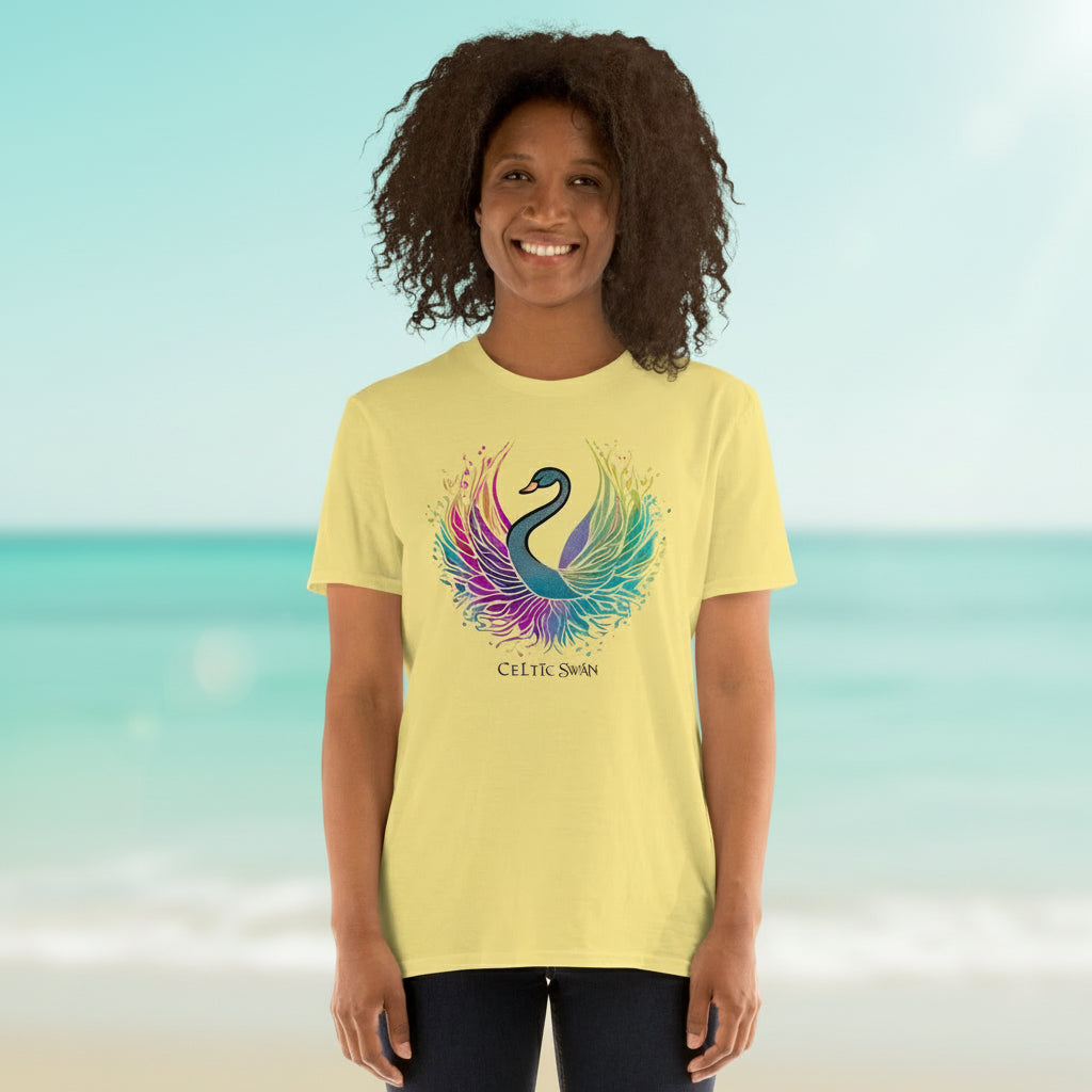 Celtic Swan “Ocean Light” T-Shirt – radiant swan design on cream shirt