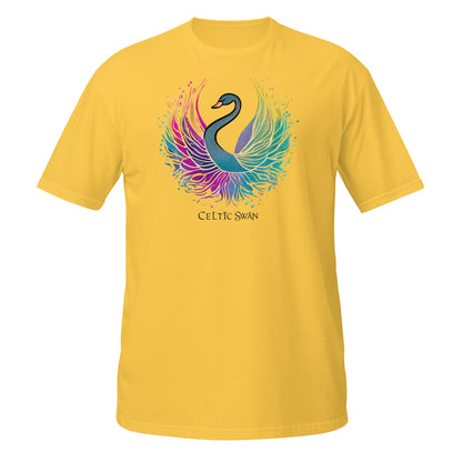 Celtic Swan “Ocean Light” T-Shirt – radiant swan design on yellow shirt, inspired by sunlight and the sea