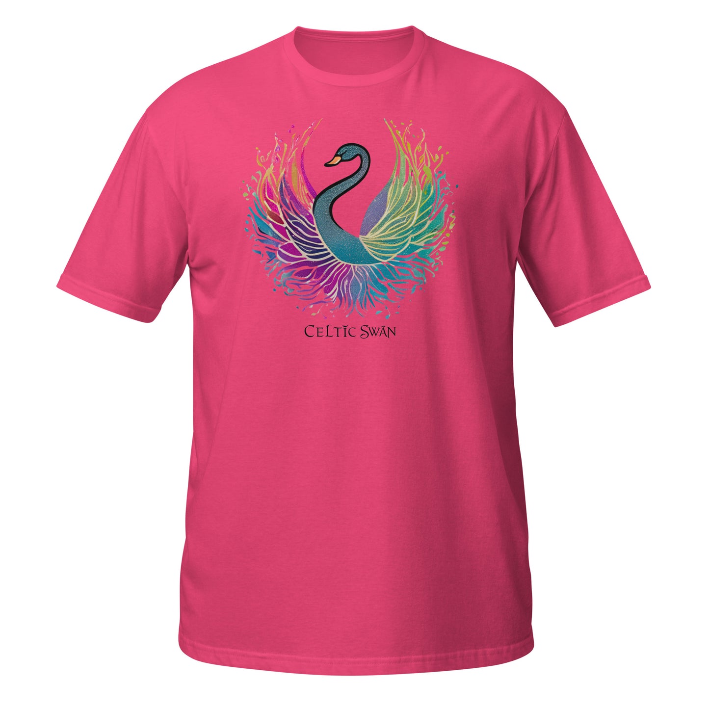 Celtic Swan “Ocean Light” T-Shirt – radiant swan design on pink shirt, ocean light meets creative spirit