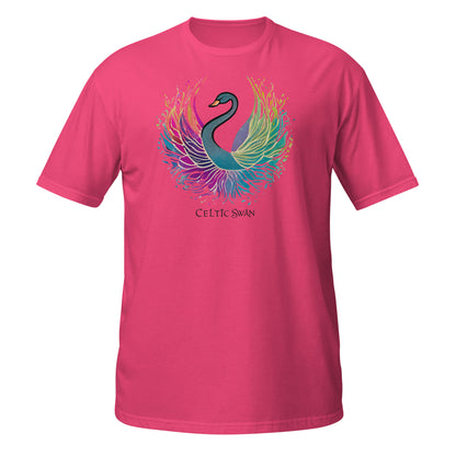 Celtic Swan “Ocean Light” T-Shirt – radiant swan design on pink shirt, ocean light meets creative spirit