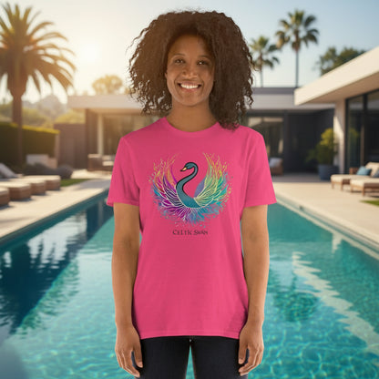 Celtic Swan “Ocean Light” T-Shirt – radiant swan design on pink shirt, ocean light meets creative spirit