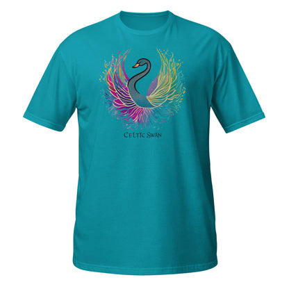 Celtic Swan “Ocean Light” T-Shirt – radiant swan design on turquoise blue shirt, ocean inspired light and freedom