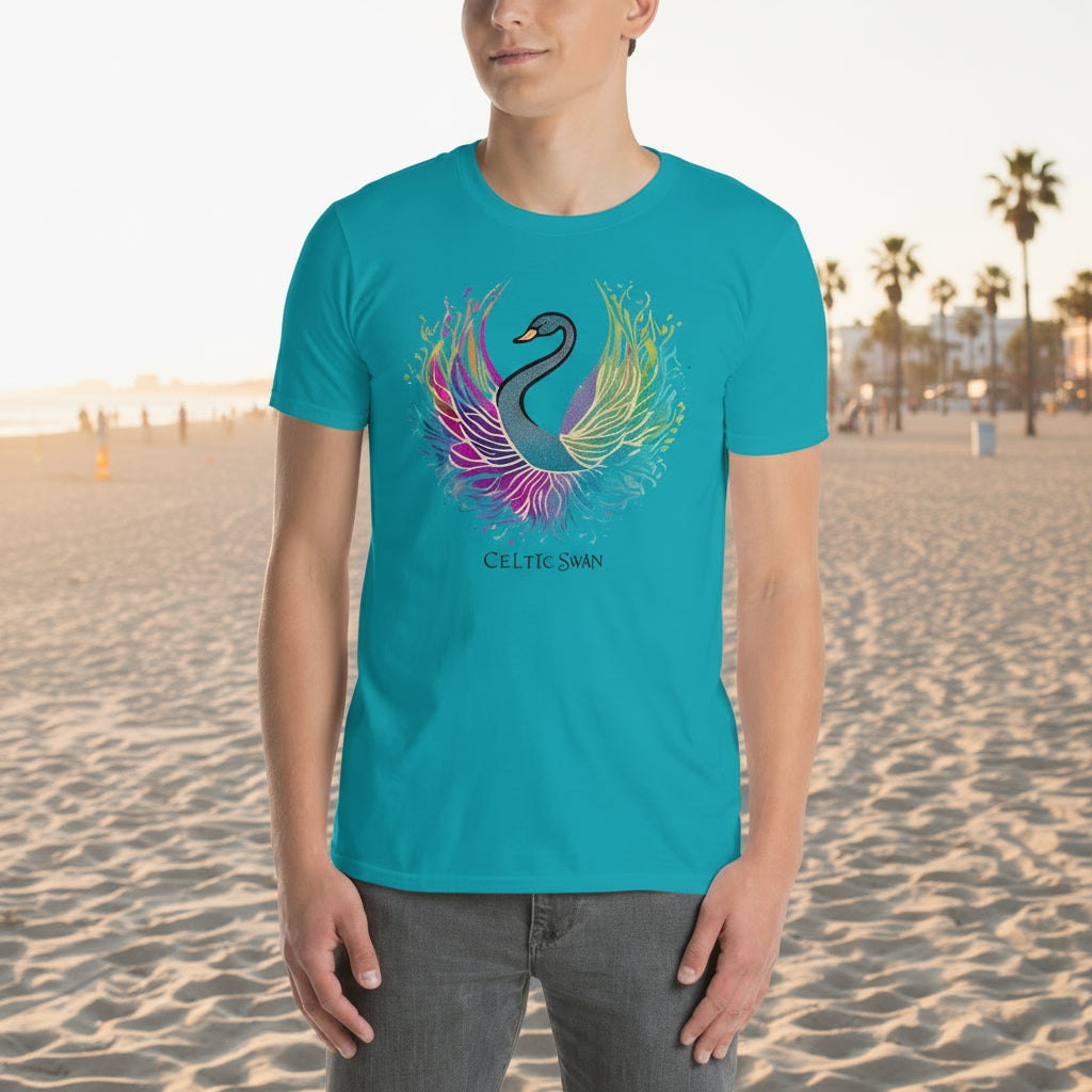 Celtic Swan “Ocean Light” T-Shirt – radiant swan design on turquoise blue shirt, ocean inspired light and freedom