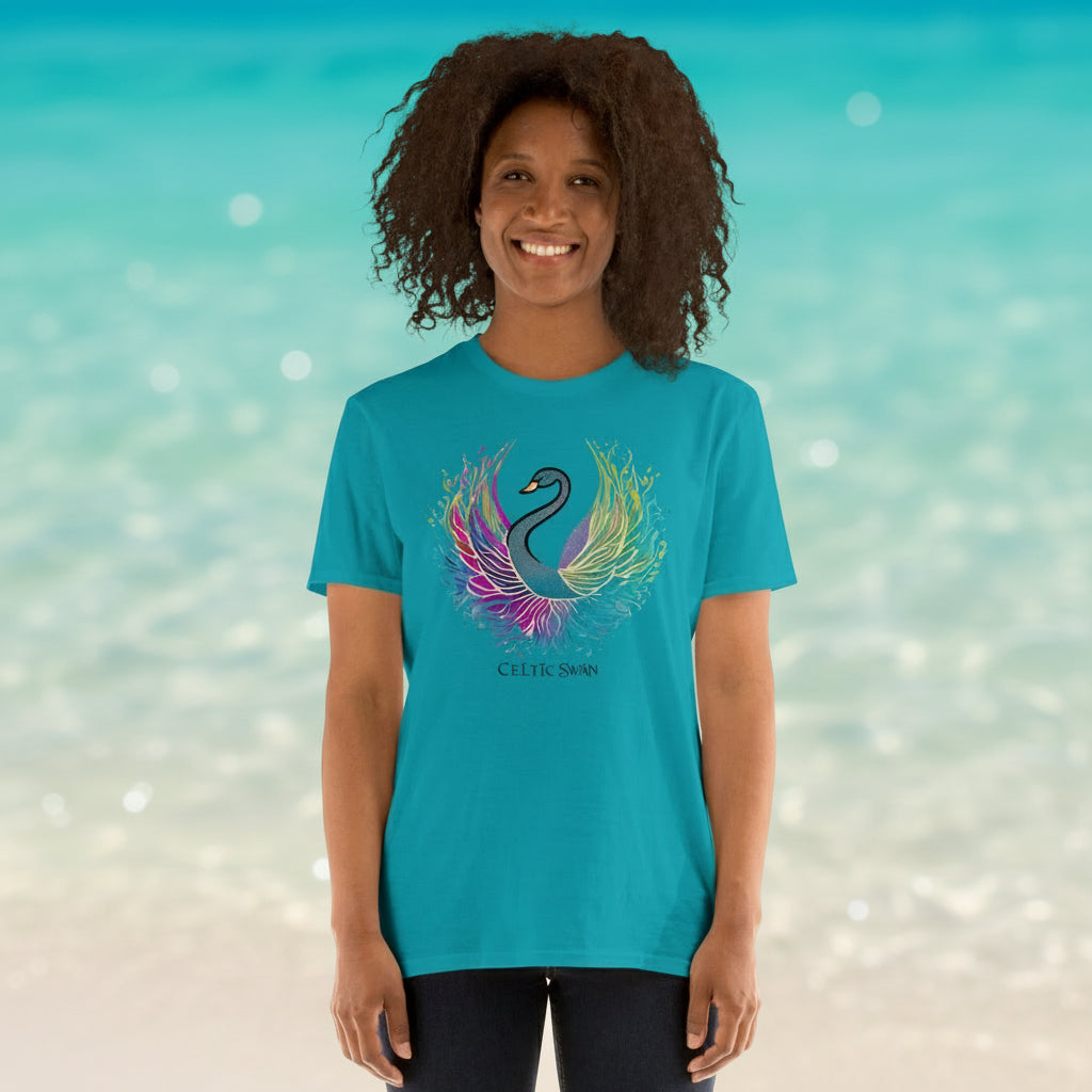 Celtic Swan “Ocean Light” T-Shirt – radiant swan design on tropical blue, inspired by the sea, soft ocean light background