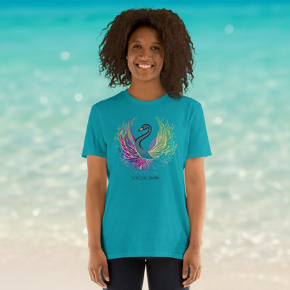 Celtic Swan “Ocean Light” T-Shirt – radiant swan design on tropical blue, inspired by the sea, soft ocean light background