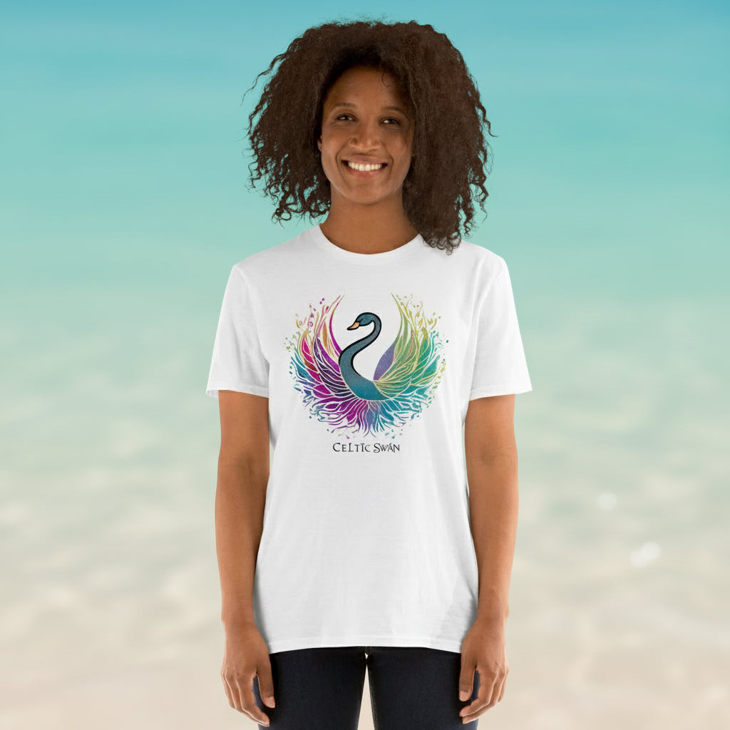 Celtic Swan “Ocean Light” T-Shirt – radiant swan design on white, inspired by the sea, soft ocean light background