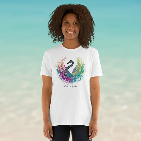 Celtic Swan “Ocean Light” T-Shirt – radiant swan design on white, inspired by the sea, soft ocean light background