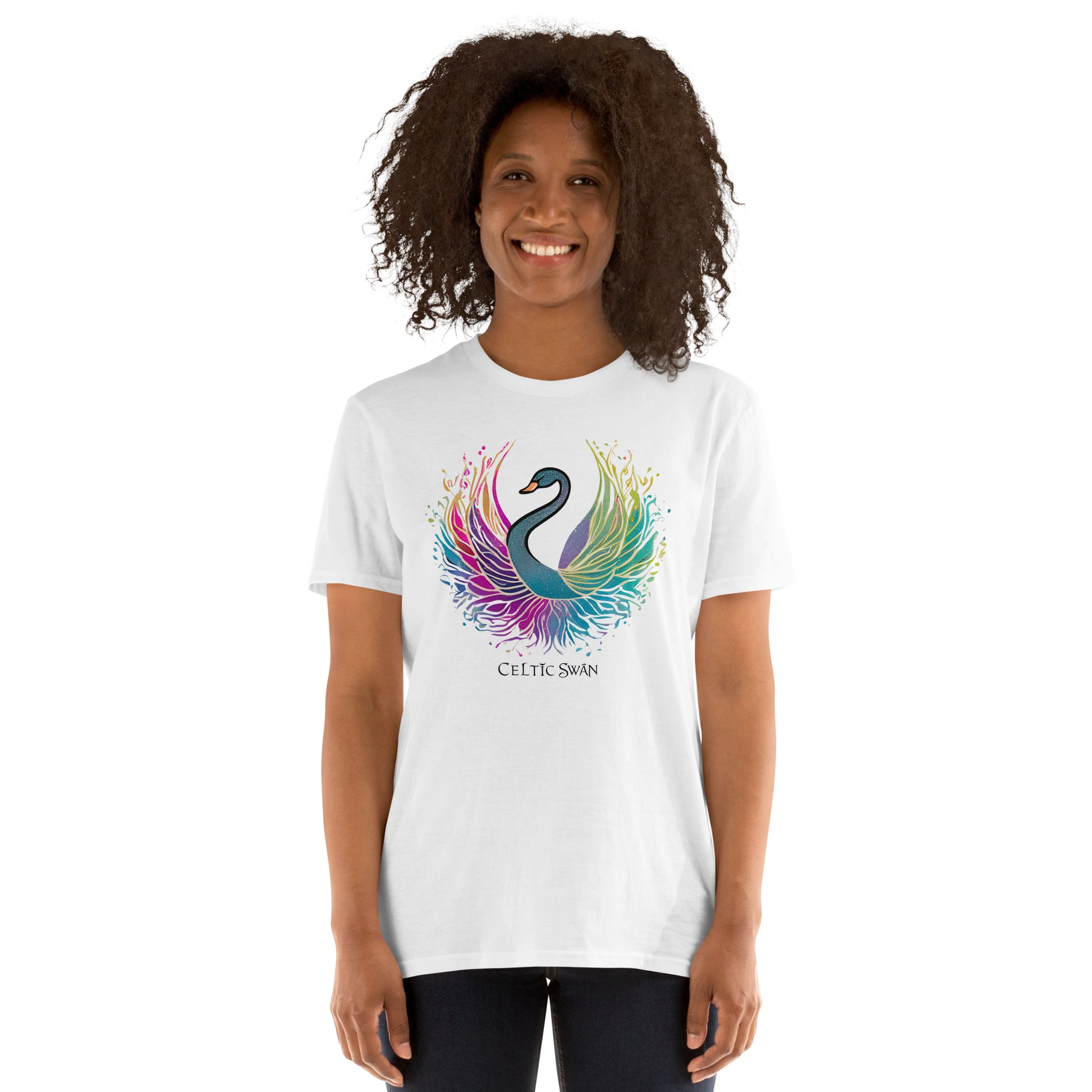 Celtic Swan “Ocean Light” T-Shirt – radiant swan design on white shirt, inspired by the sea