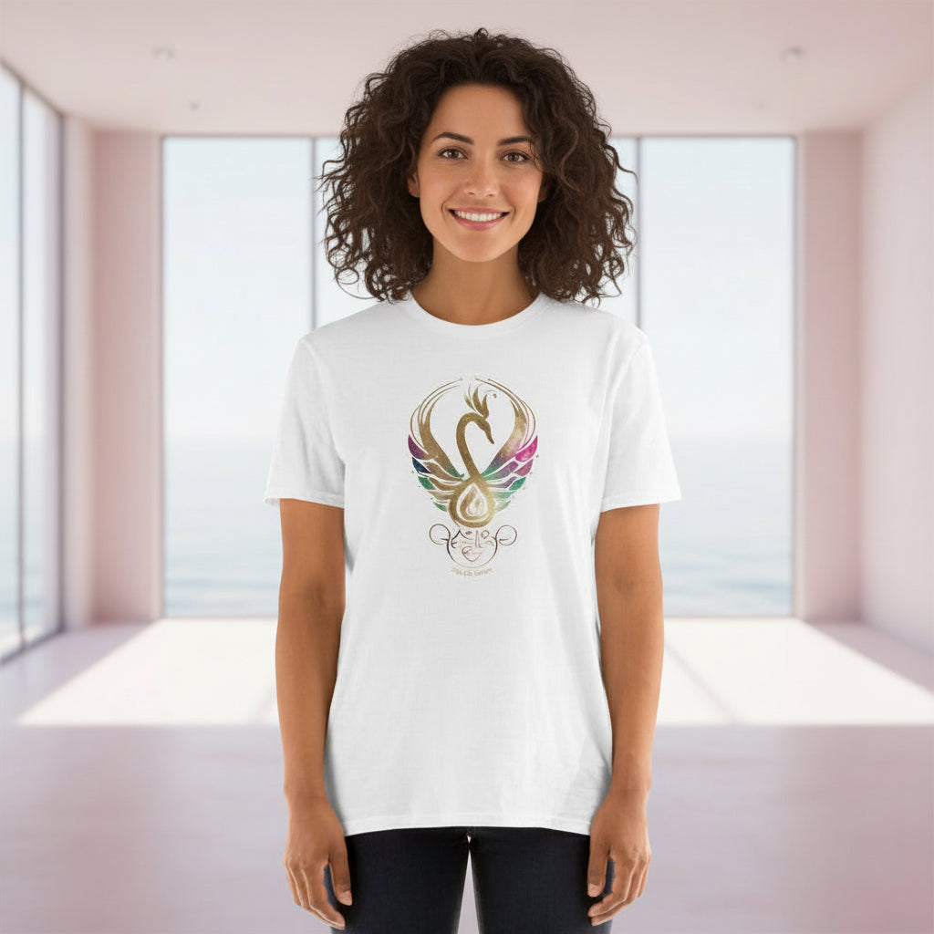Women wearing white shirt with Mystic Glow swan emblem from the Celtic Swan Collection.