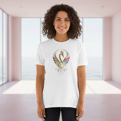 Women wearing white shirt with Mystic Glow swan emblem from the Celtic Swan Collection.