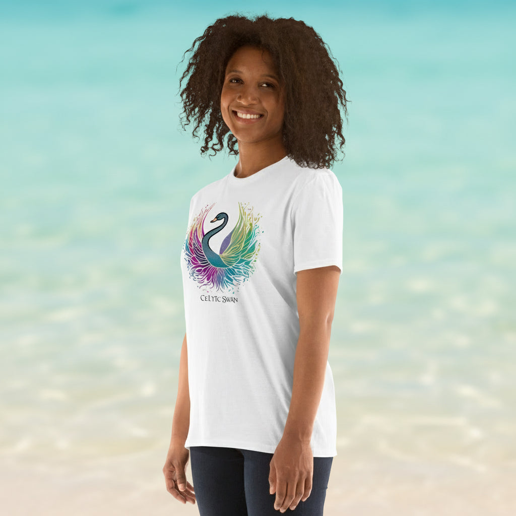 Celtic Swan “Ocean Light” T-Shirt – radiant swan design on white shirt, inspired by the sea, soft ocean light background