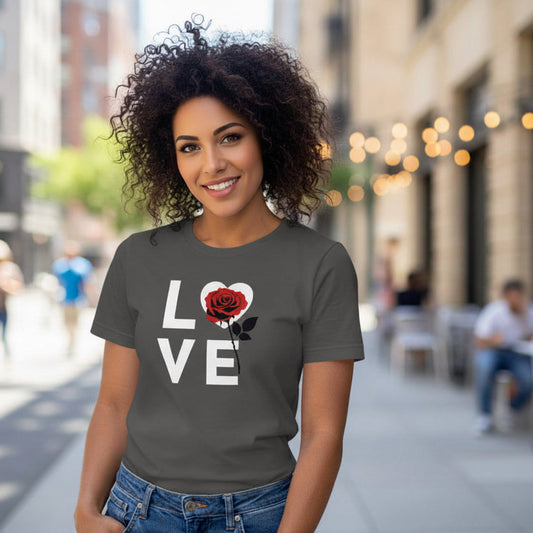 Unisex graphic T-shirt with LOVE typography and rose illustration