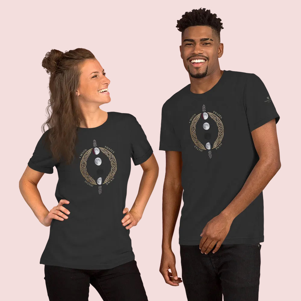 Unisex cotton T-shirt with four moon phases design and Celtic knot circle