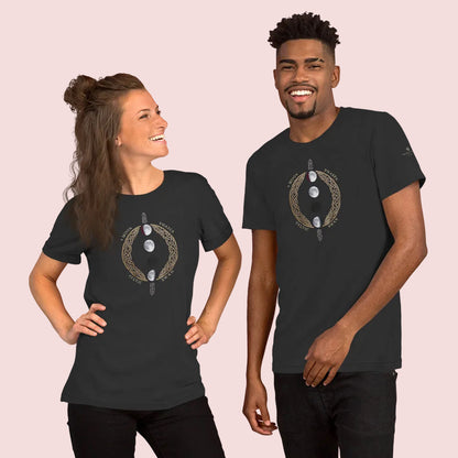 Unisex cotton T-shirt with four moon phases design and Celtic knot circle