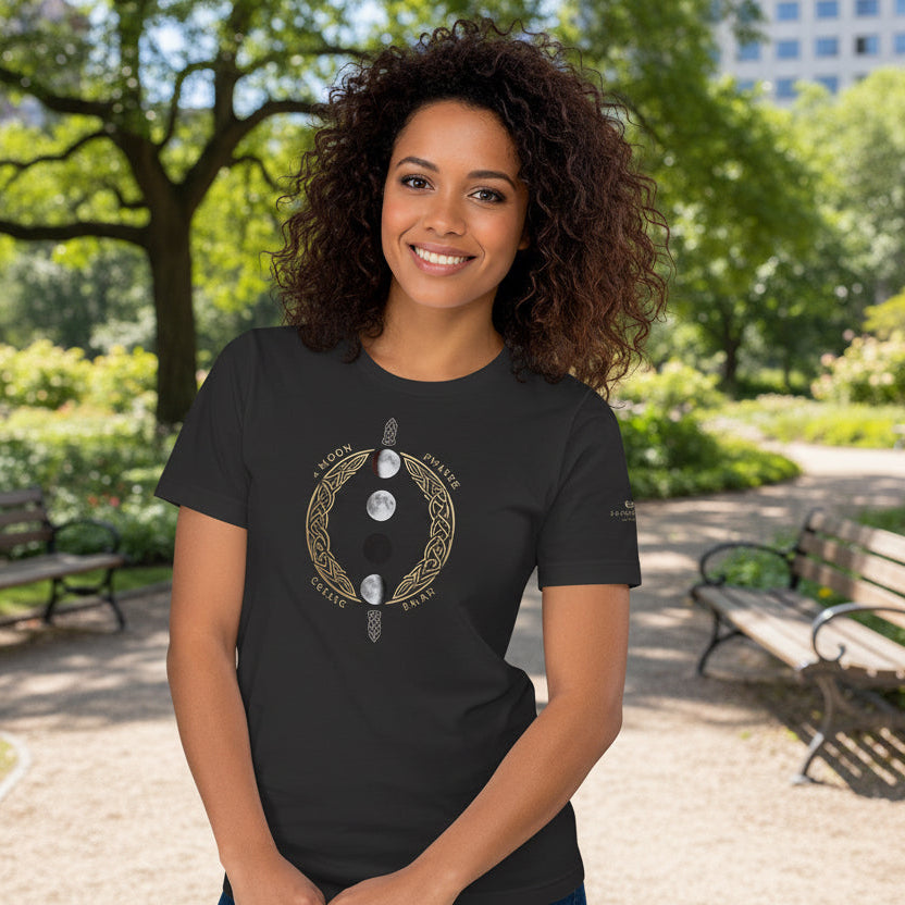 Unisex cotton T-shirt with four moon phases design and Celtic knot circle