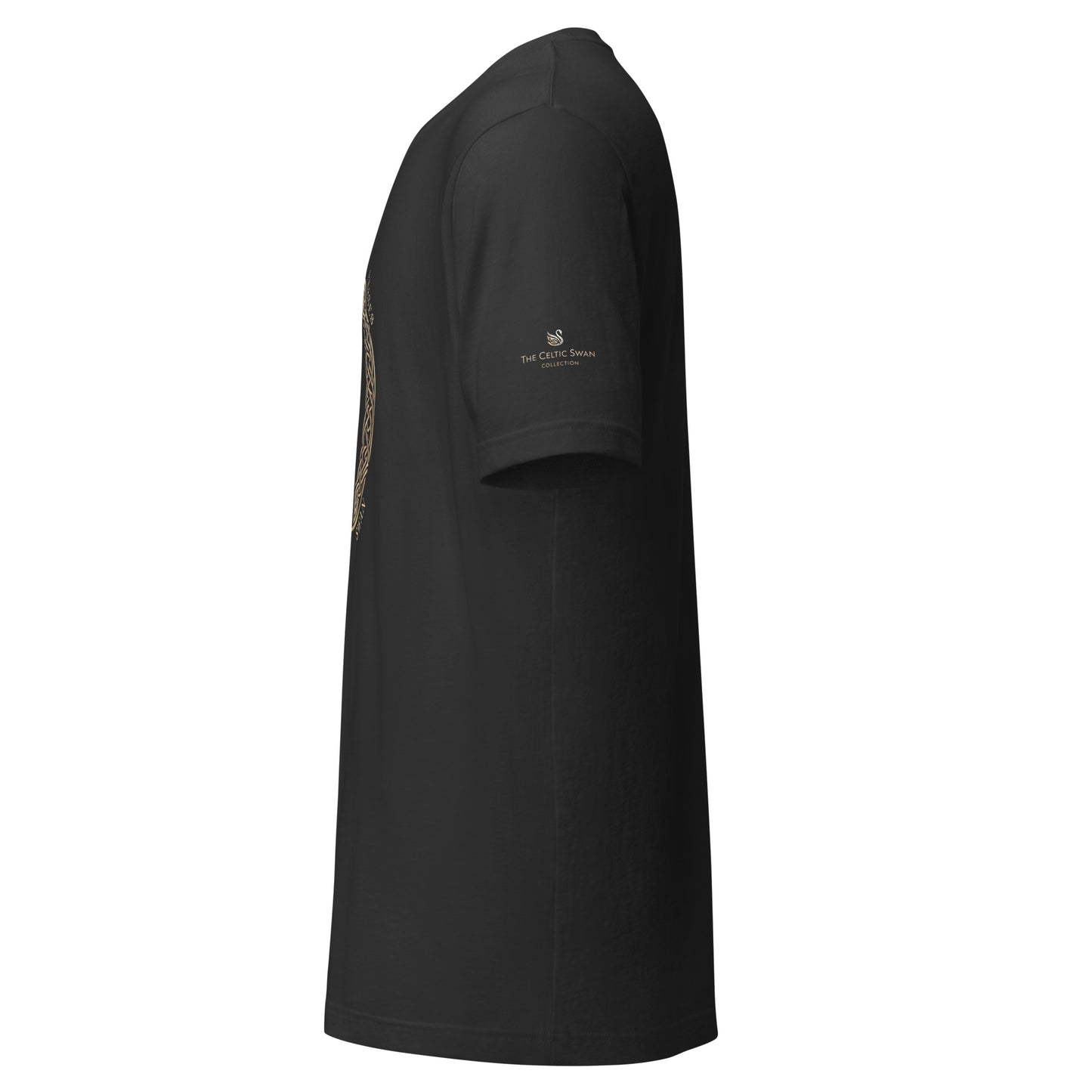 Sleeve detail of the 4 Moon Phases unisex cotton T-shirt with Celtic Swan logo