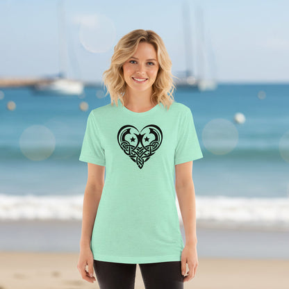 Woman wearing Celtic Heart Knot Heather Mint shirt | Celtic Swan Collection