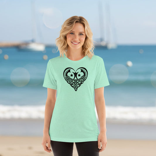 Woman wearing Celtic Heart Knot Heather Mint shirt | Celtic Swan Collection